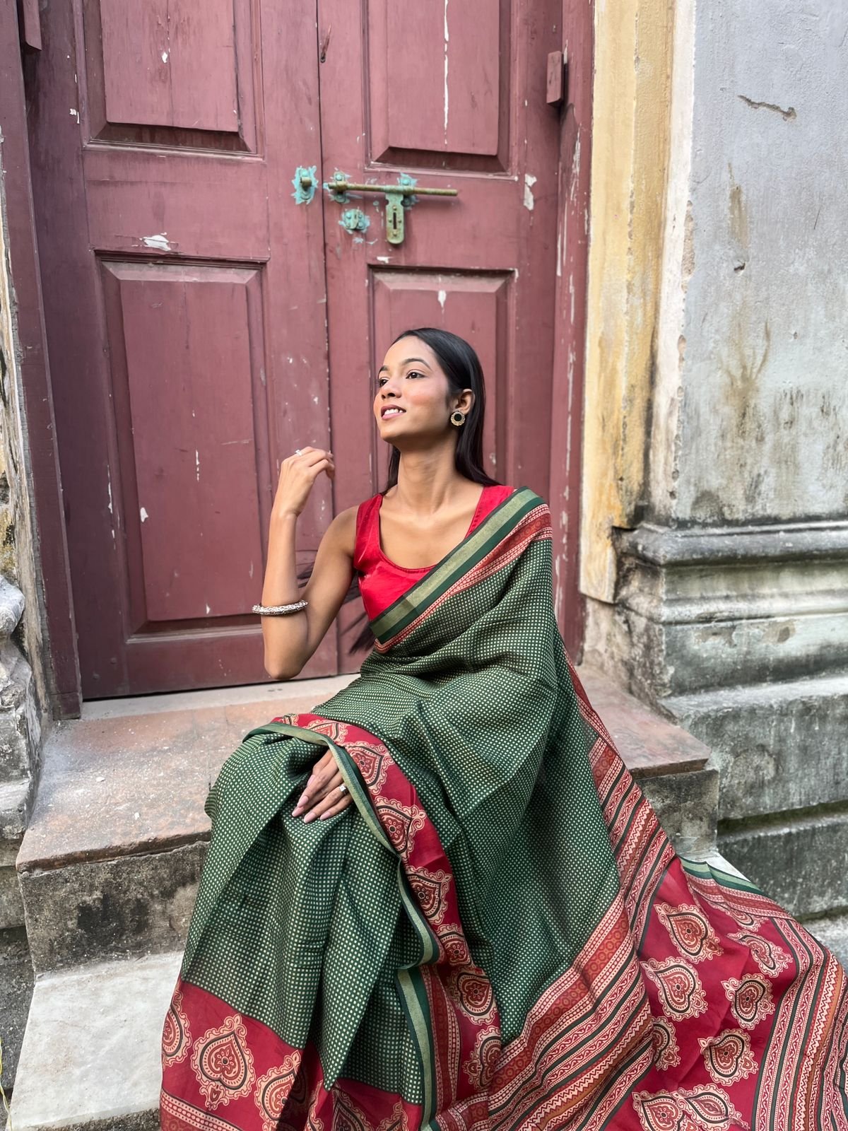 Green-Red Mul Cotton Checks Saree